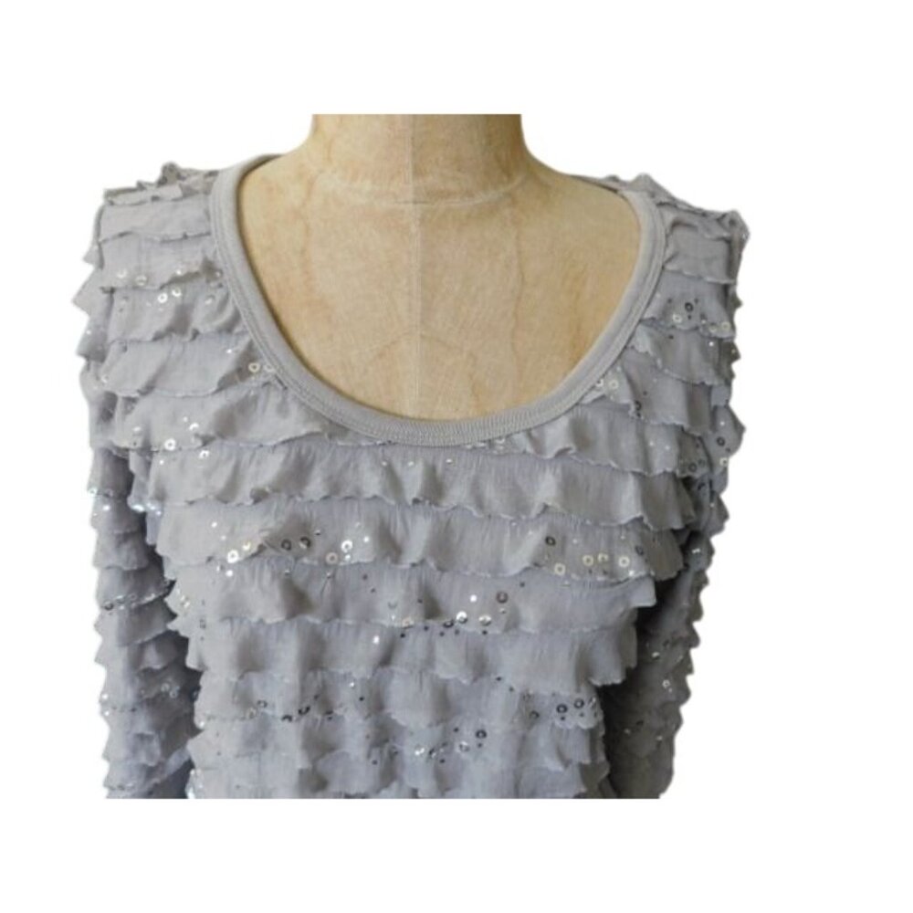 Slinky Brand Size XS Gray Ruffle Sequin STRETCH 3/4 Sleeve Top Blouse - Picture 3 of 3